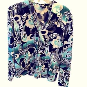 Stylish Green, Black, Gray & White Contemporary Patterned Long Sleeve Blouse Lrg